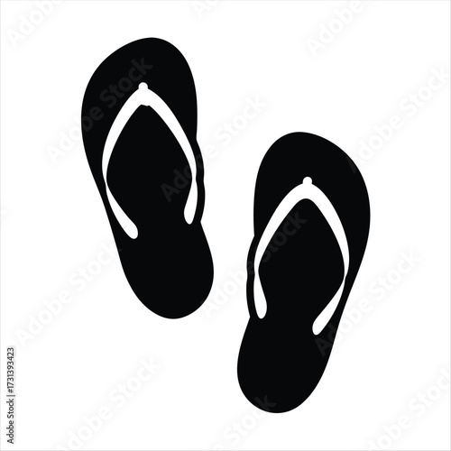 Simple vector graphic depiction of two black flipflops on white backdrop
