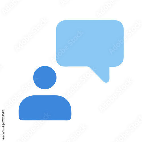 Minimalist blue person icon with speech bubble illustration