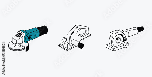 Set of three construction tools angle grinder wood router and saw