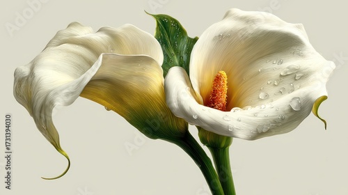 Close-up of two elegant white calla lilies with water droplets on petals and green stem isolated on plain background for floral design and botanical photography