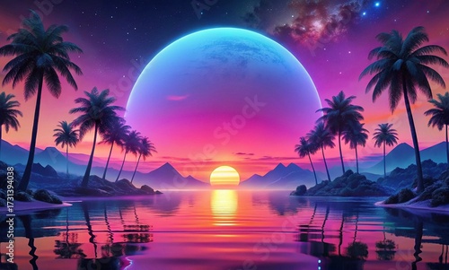 A vibrant digital art piece depicting a surreal, cosmic sunset over a tranquil lake with palm trees, mountains, and a starry sky. The scene blends vivid purples, pinks, oranges, and blues.