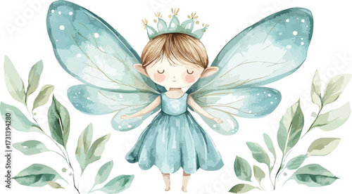 Whimsical watercolor fairy with delicate wings wearing a crown surrounded by soft green leaves