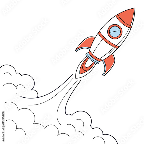 A cartoon style illustration of a red and white rocket blasting off into the sky leaving a trail of smoke and clouds behind it