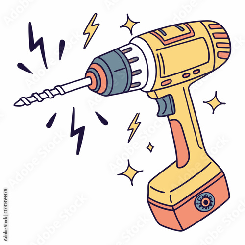 A bright yellow and orange cordless power drill with a metal drill bit is depicted in a fun cartoon style with stylized lightning bolts and starbursts indicating action and energy