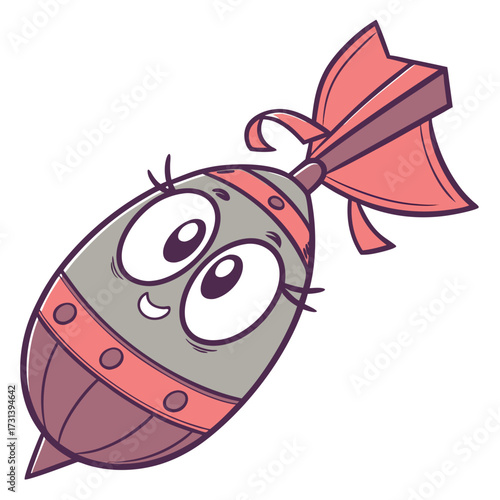 A cute and friendly cartoon bomb character with big eyes and a pink bow on its head smiling cheerfully against a white background conveying a playful and harmless vibe