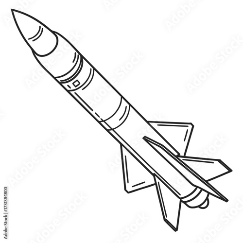 A simple black and white line drawing illustration of a missile with fins and a pointed nose isolated on a white background depicting a powerful weapon in flight