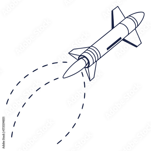 A simple line drawing of a rocket ship with fins and a pointed nose soaring through the air leaving a dashed trail behind it