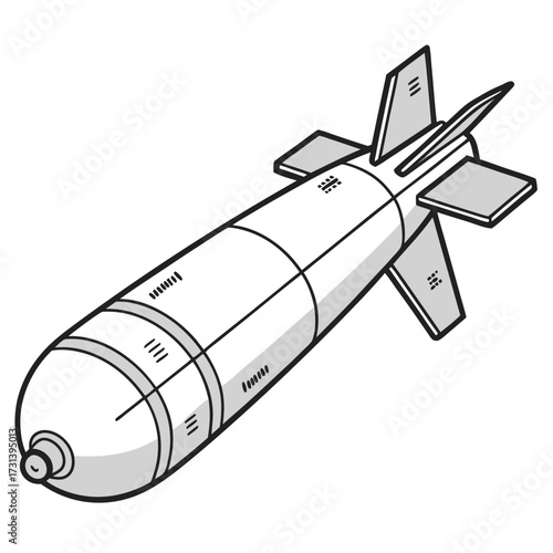 A stylized simple isolated cartoon illustration of a bomb with fins and a pointed nose presented on a white background conveying a sense of danger or explosive power in a graphic design element