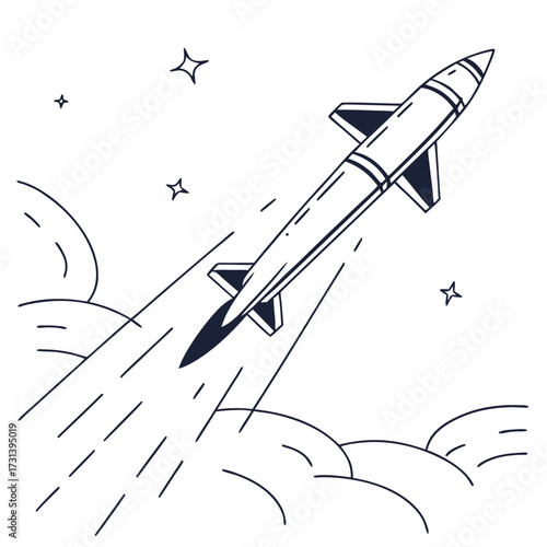 A stylized illustration of a sleek modern rocket ship ascending into the starry night sky amidst abstract cloud formations and trailing motion lines representing speed and progress