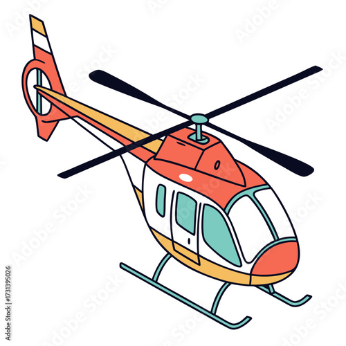 A vibrant cartoon illustration of a red and yellow helicopter with a white body and teal windows seen from a slightly elevated isometric perspective isolated on a clean white background