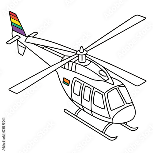 A stylized line art illustration of a white helicopter with a rainbow colored tail rotor and a small flag on its side presented on a clean white background ideal for design projects