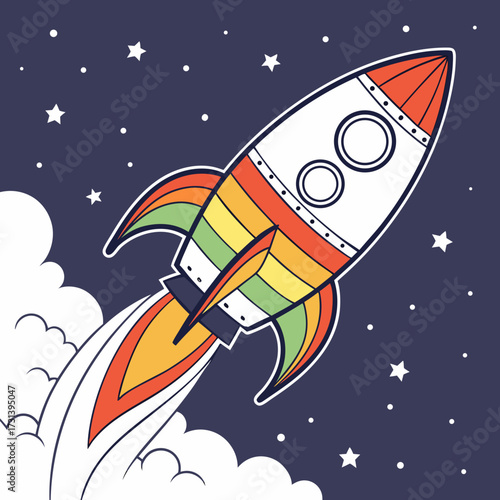 A vibrant retro style rocket ship blasts off into a starry night sky leaving a trail of colorful flames and white clouds behind it