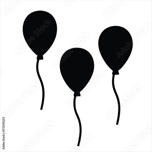 Black balloon silhouettes, three party balloons with strings, festive celebration vector