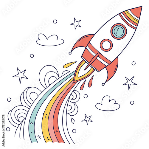 Whimsical cartoon rocket ship blasting off with a colorful rainbow trail leaving a trail of stars and clouds in a playful cosmic scene