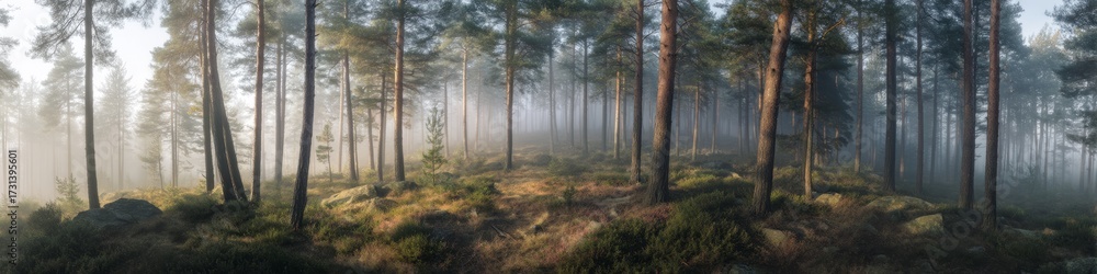 Obraz premium Misty forest landscape hdr panorama enchanted nature tranquil environment