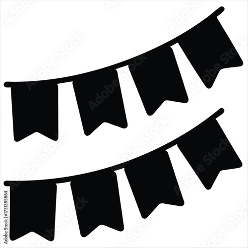 Two strings of celebratory party flags, black and white background illustration