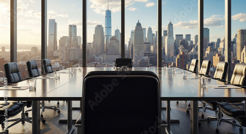 Point of view from the director’s chair at the head of a conference table, facing large floor-to-ceiling windows with a sweeping city skyline view from a skyscraper office.