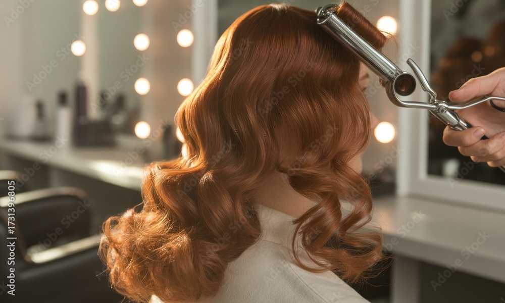 Naklejka premium A stylist using a curling iron on a woman's reddish-brown hair in a salon