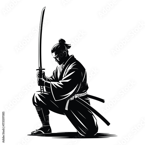 Minimalist Samurai Warrior with Katana Sword Vector Design.