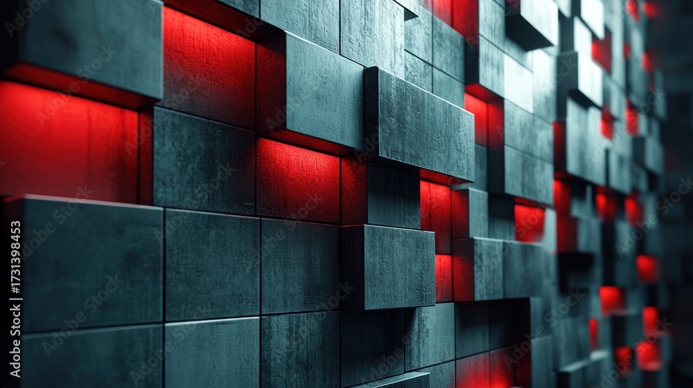 Fototapeta premium 3D wall of dark squares with red light emitting from behind, perspective