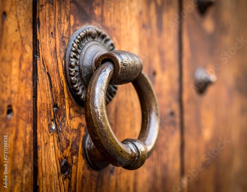 Ornate bronze door knocker on aged wood
