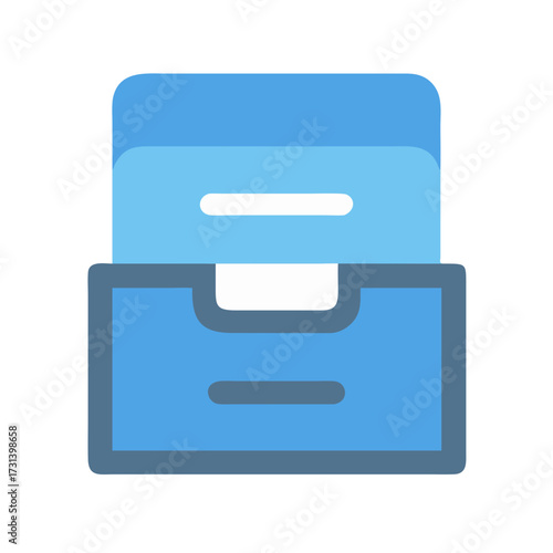 Blue drawer with white label against black backdrop image