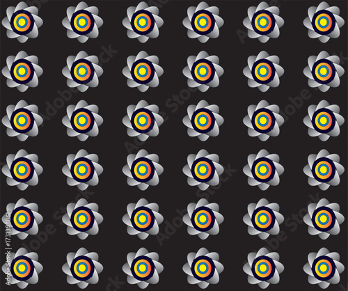 Retro floral grid with concentric targets in red, blue, and yellow on black. Seamless vector pattern ideal for pop art prints, decorative wallpapers, and bold abstract design surfaces."