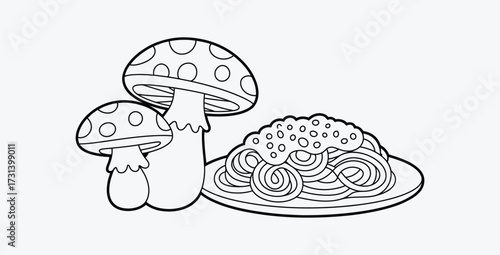 Whimsical Illustration of Mushrooms and Spaghetti Ready for Creative Coloring
