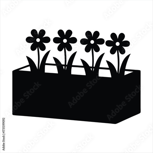 Stylized floral arrangement in a rectangular container in black silhouette
