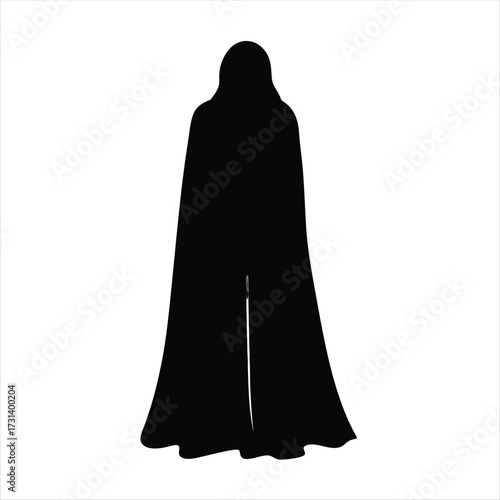 Mysterious Black Hooded Cloak Silhouette Vector Illustration on White Background
