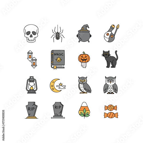Halloween Symbols Pumpkin, Spooky & Ghost Icons, Witch & Bat Silhouettes, Skull & Horror Set, Haunted Icons, Creepy Symbols & Scary Set