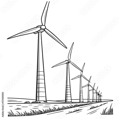 Row of wind turbines generating clean energy in a rural landscape with grass and fields under a clear sky