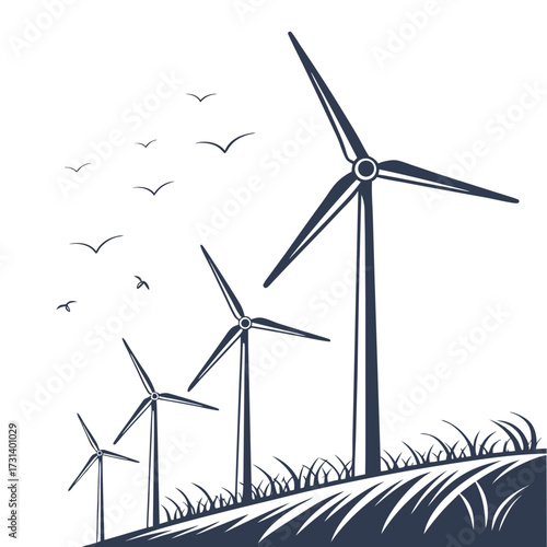 Silhouettes of wind turbines on a grassy hill with birds flying in a clear sky representing renewable energy