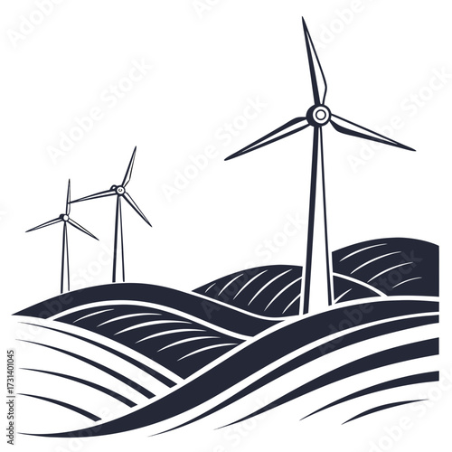 Stylized dark blue wind turbines stand on rolling hills under a white background representing renewable energy generation