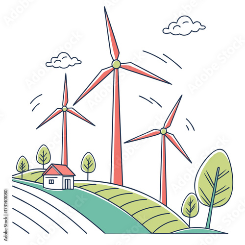 Stylized illustration of red wind turbines generating clean energy in a green rural landscape with a small house and trees