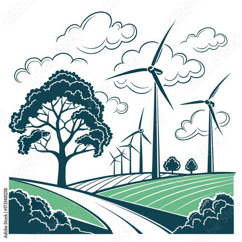 Stylized illustration of wind turbines in a green field with a large tree and rolling hills under a cloudy sky