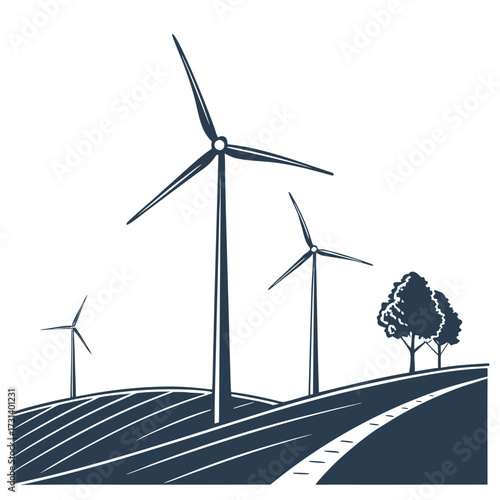 Stylized illustration of wind turbines generating clean energy on rolling hills next to a road and trees