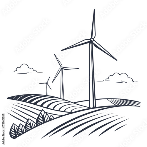 Stylized illustration of wind turbines standing tall in a rolling landscape with cultivated fields and fluffy clouds above