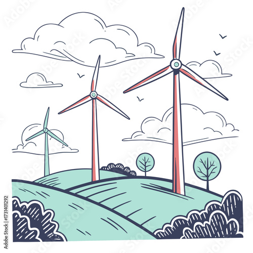 Stylized illustration of wind turbines on rolling green hills under a cloudy sky with birds flying