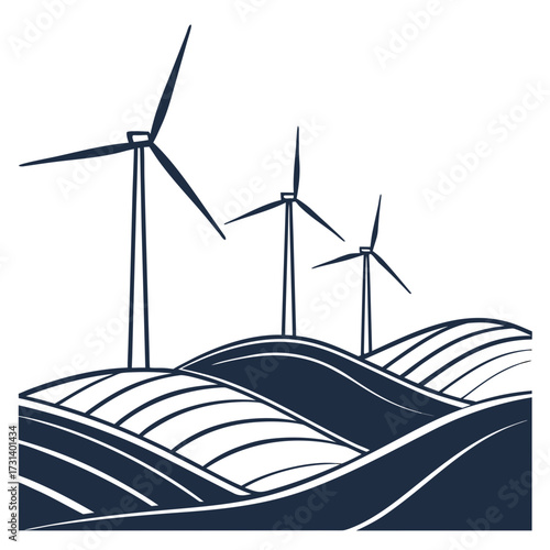 Three wind turbines stand tall on rolling hills with striped fields representing renewable energy generation