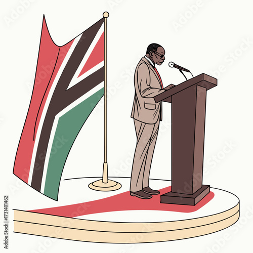 A distinguished african man in a suit speaks at a podium with the kenyan flag waving behind him on a stage