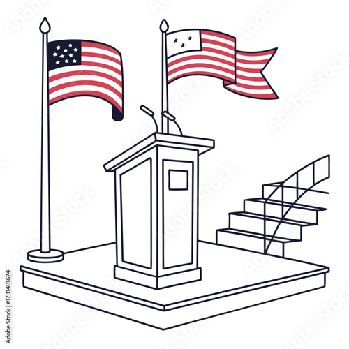 American flags and podium with microphones on stage with stairs representing political debate or speech event