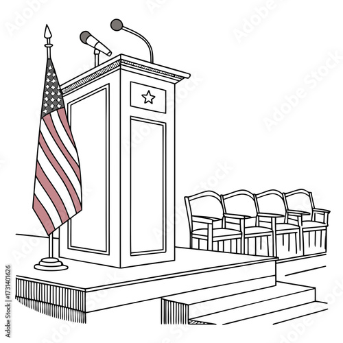An empty podium with microphones and an american flag stands on a stage with chairs waiting for speakers