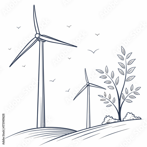 Clean energy wind turbines stand tall on rolling hills under a sky with flying birds and a stylized tree