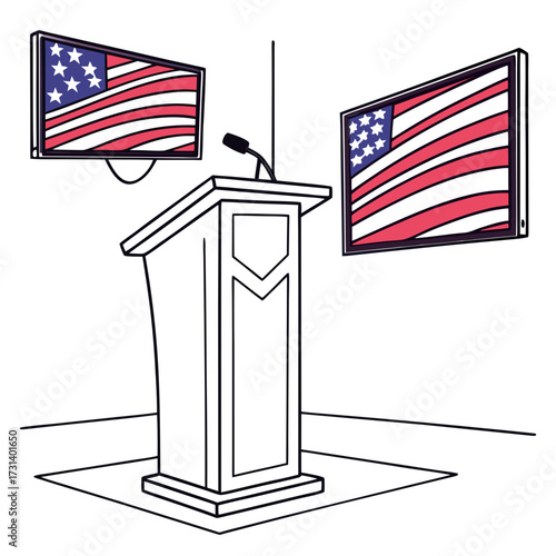 Empty podium with microphone and american flags on screens in a minimalist setting for a political speech or debate