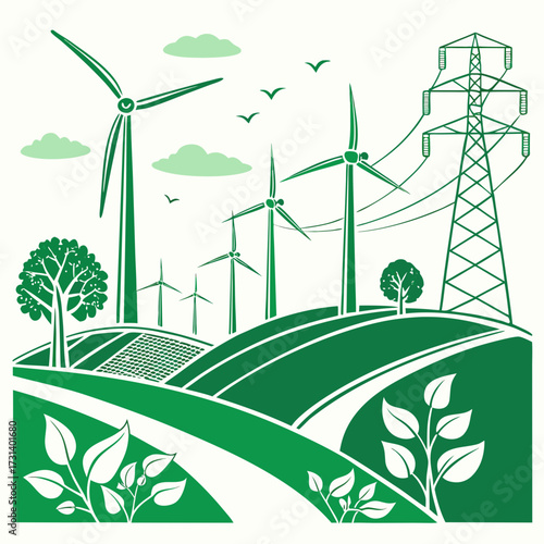 Green energy landscape with wind turbines solar panels and power lines promoting environmental sustainability and clean power generation