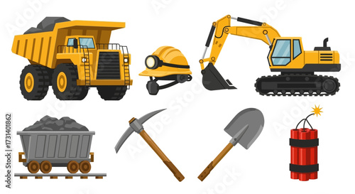 A detailed vector set of mining and quarrying icons, featuring heavy machinery like a haul truck and excavator alongside traditional tools and explosives