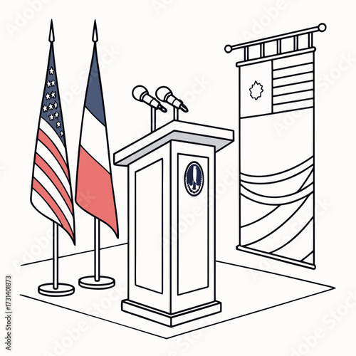 Podium with microphones and flags of the united states and france for a diplomatic meeting or press conference