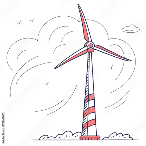 Stylized illustration of a wind turbine generating clean energy against a backdrop of clouds and birds in the sky