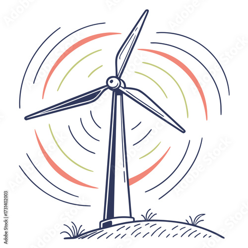 Stylized illustration of a wind turbine generating clean renewable energy with colorful swirling lines representing wind power